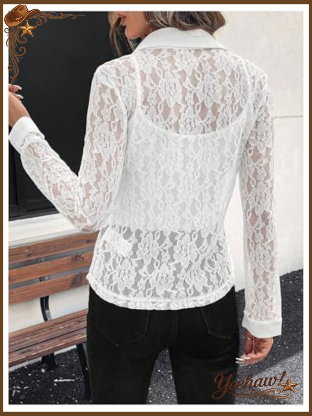 Lace Sheer Button Down Blouse Long Sleeve Collared Shirt - Picture 2 of 4